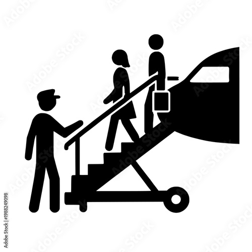 Vector illustration of people walking down airplane stairs with attendant