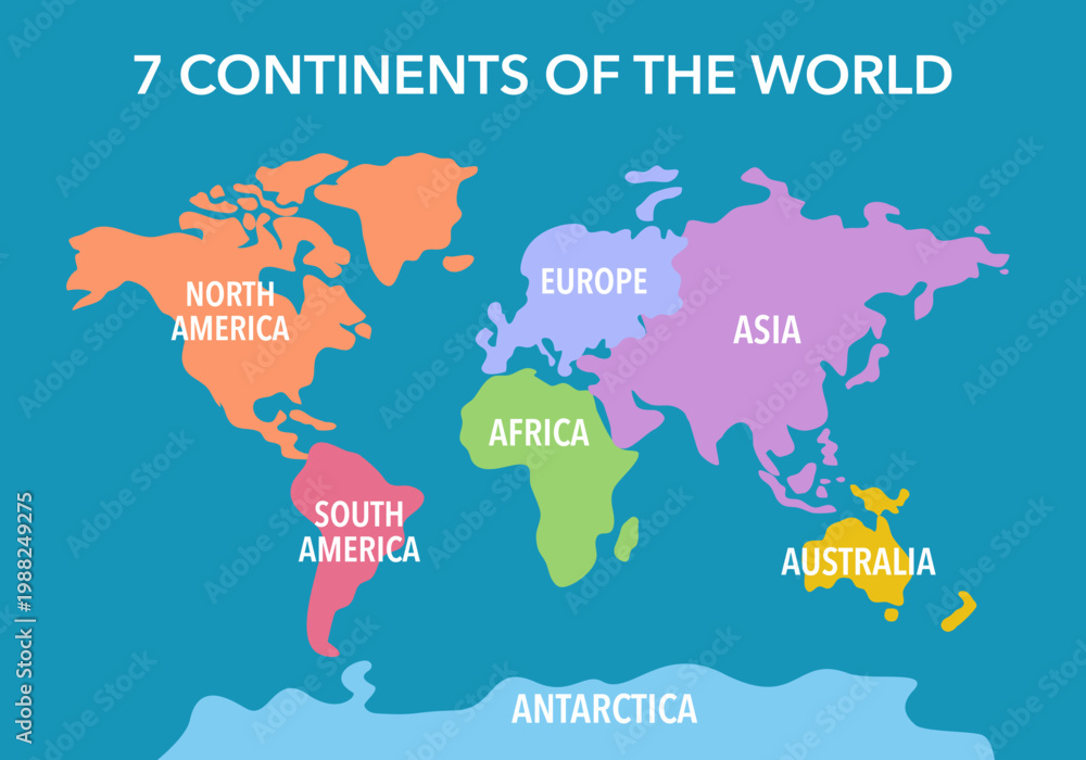 Naklejka premium World map divided into 7 continents in flat design.