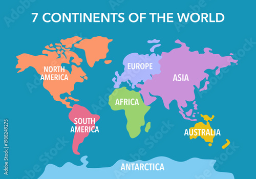 World map divided into 7 continents in flat design.