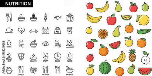 Nutrition Icon Set with Colorful Fruit Apple Banana Orange Watermelon Pineapple and Health Symbol for Diet Design