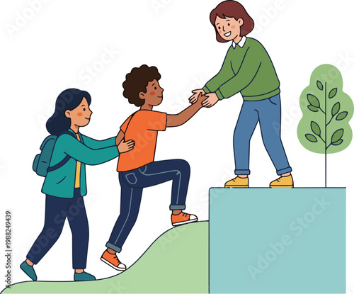 Vector illustration of people helping each other climb a step, symbolizing teamwork, support, and collaboration.