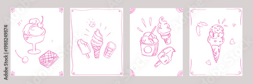 Cute ice cream poster set with hand drawn dessert elements, ice cream cones popsicles cupcakes and sweet treats for wall art branding packaging social media cafe design and kids decor.Vector graphics
