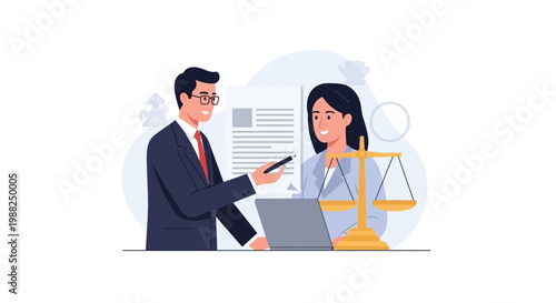 A male lawyer in a suit explaining a legal contract to a female client in an office. EPS Editable. Vector Illustrations.