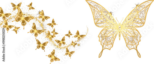 Luxury Golden Geometric Butterfly Swarm Set with Sparkling Glitter Trail and Wireframe Wing Detail for Premium Elegant Design