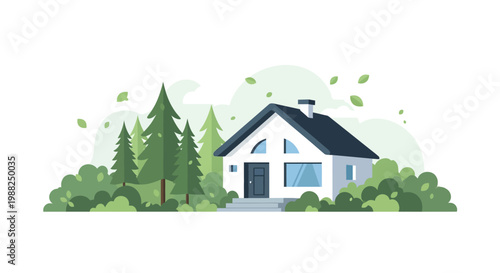 A modern cozy cottage nestled in a serene forest landscape. EPS Editable. Vector Illustrations.