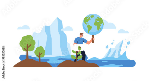 A person standing on land holding a magnifying glass with the planet Earth. EPS Editable. Vector Illustrations.