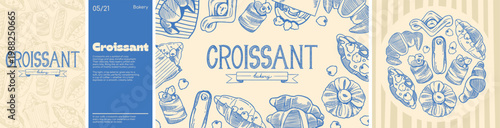 Bakery and pastry design set: seamless pattern, round composition and frames with hand-drawn croissants and eclairs