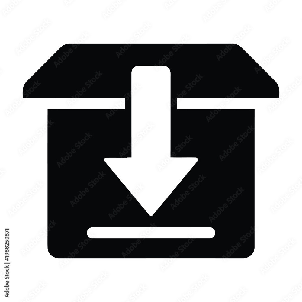 Fototapeta premium Black icon of a box with a white download arrow pointing downwards on a plain white background