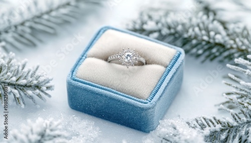 Diamond Ring in Blue Jewelry Box on Snow.