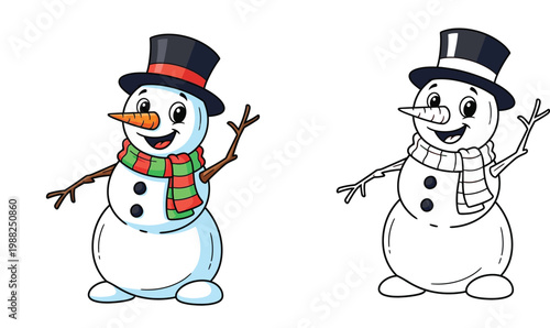 Cute Snowman Cartoon Character Set with Colored and Line Art Versions for Kids Coloring Page, Winter Holiday Illustration with Scarf, Top Hat, and Carrot Nose isolated on White