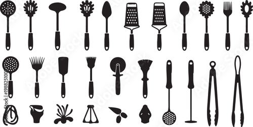 Kitchen Utensil Icons, Cooking Tools Vector Set, 25 Black Silhouette Kitchenware Illustrations
