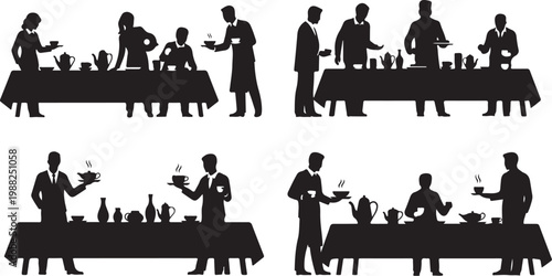 Black silhouettes, restaurant scenes, people dining, waiter serving, 8 vector icons