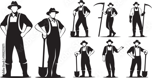 Farm worker silhouettes, agricultural icons, laborer illustrations, black and white vector graphics