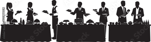 Black silhouettes, chefs cooking, kitchen staff, restaurant team, vector icons