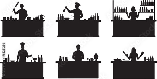 Bartender silhouettes, cocktail bar icons, black vector graphics, mixology illustrations, bar service elements