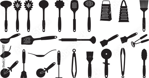 Kitchen Utensil Icons, Black Silhouette Cooking Tools, 30 Kitchen Gadget Illustrations, Vector Kitchen Accessories