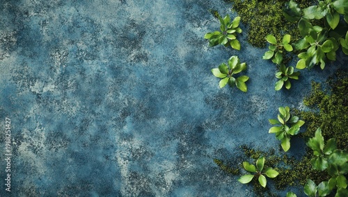 Green Leaves on Blue Stone Surface.
