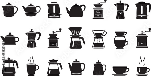 Coffee icons, coffee makers, tea pots, 25 coffee symbols, black vector illustrations