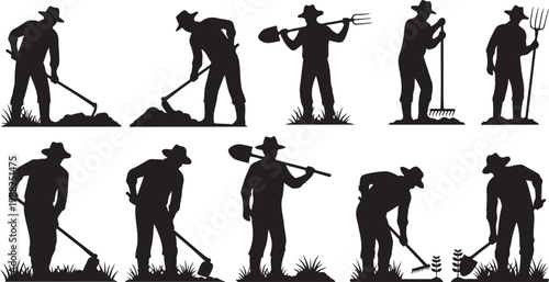 Black silhouettes, farm worker icons, gardening tools, vector illustrations
