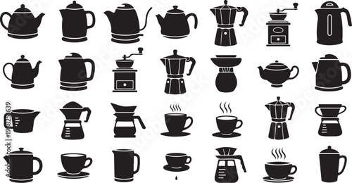 Coffee, tea, and espresso icons, 30 black silhouettes, coffee maker, teapot, cup