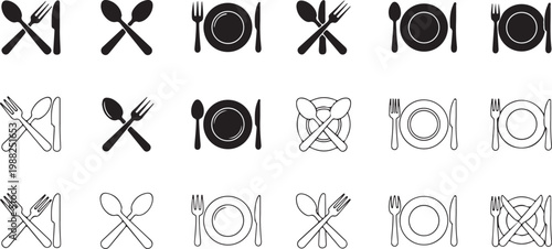 Dining icons, restaurant symbols, 20 tableware illustrations, black and white vector graphics