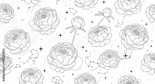 Seamless pattern featuring delicate hand drawn peonies and celestial constellations against a starry night background.