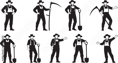 Farm worker icons, black silhouette set, agricultural laborer graphics, farming tools vector