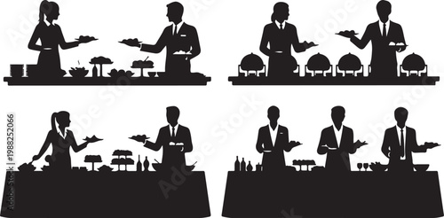 Black silhouettes, waiter, chef, food service, restaurant icons, 5 elements, vector