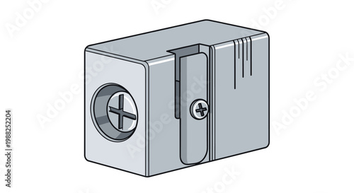 Illustration of a classic metal pencil sharpener with its distinct wedge shape and small screw detail.