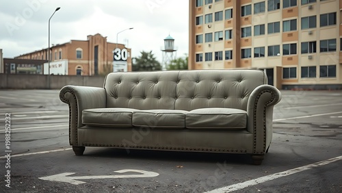 flagrant. A worn-out sofa on an empty urban lot, overcast daylight. real-estate listings, architecture portfolios, designed for interior renovation comparisons for interiors.