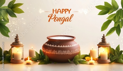 Pongal Festival Celebration with Clay Pot and Lanterns.