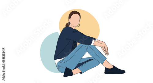 Minimalist illustration of a young woman sitting on the floor in a relaxed pose with colorful abstract shapes.