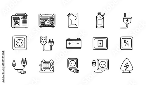 Portable generator 15 icon set power supply fuel cable outline vector