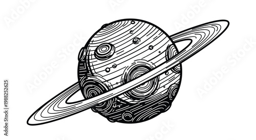 Highly detailed line art drawing of planet Saturn with many craters on its surface and its spectacular rings.