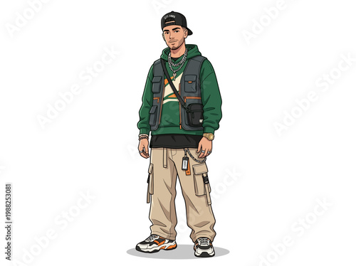 Illustration of a young man wearing streetwear fashion with hoodie and cargo pants.