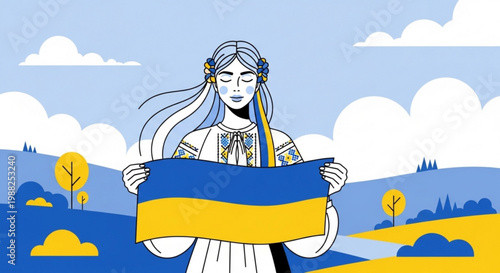 Ukrainian woman holding national flag symbol of freedom and patriotism flat vector illustration for concept design