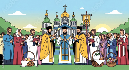 Orthodox Easter celebration with priests and believers in front of a church illustration of religious tradition and community gathering