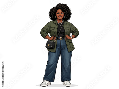 Illustration of a stylish plus size Black woman with curly hair standing confidently.