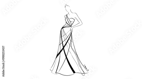 Elegant pencil sketch of a woman in a long evening gown.