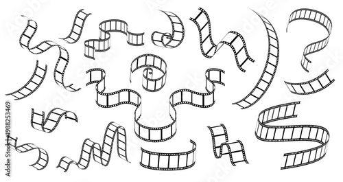 Film strips curl and twist in many shapes across a white background. Vector illustration