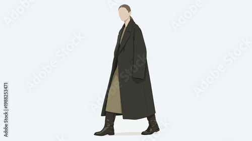 A person walking in a long dark green coat and boots.