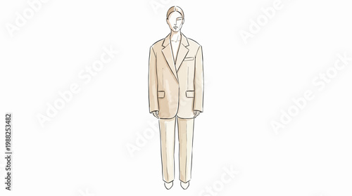 Minimalist Fashion Illustration of a Man Wearing a Tailored Beige Suit.