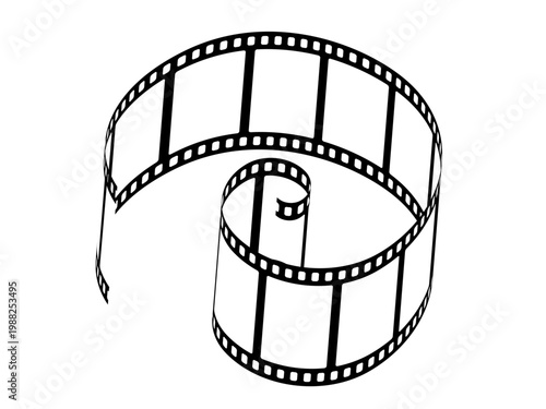 A spiral film reel winds around a central cylinder with looping strip. Vector illustration