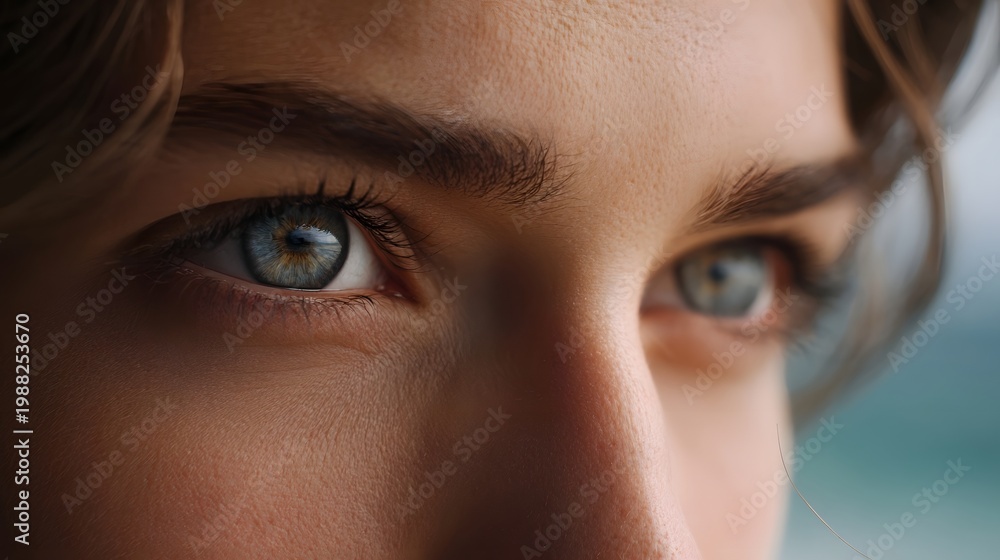 Fototapeta premium Intense portrait focusing on a contemplative gaze set against the backdrop of a vast serene ocean vista