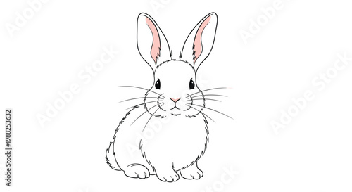 Adorable hand drawn illustration of a fluffy white rabbit sitting peacefully against a plain white background.