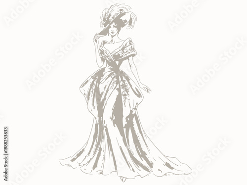 Elegant Victorian Lady in Detailed Historical Ball Gown Sketch.