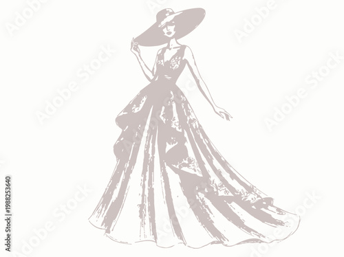 Elegant woman in a long flowing ball gown and wide brimmed hat illustration.
