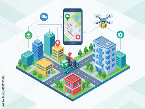 Isometric illustration of a smart city with various delivery services, including drone and scooter, managed by a mobile application displaying a route.