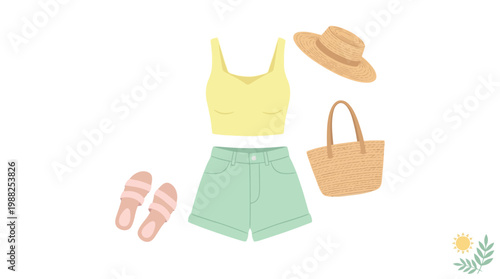 Summer vacation fashion outfit set with tank top shorts and accessories.
