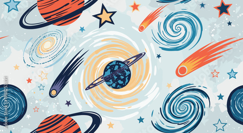 Vibrant seamless pattern of outer space featuring planets, rings, galaxies, shooting stars, and comets on blue.